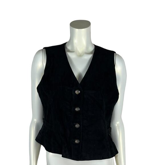 Marsh Landing Black Leather Vest Ribbed Cotton Back Button Front Size M Y2K 90s - Picture 2 of 10